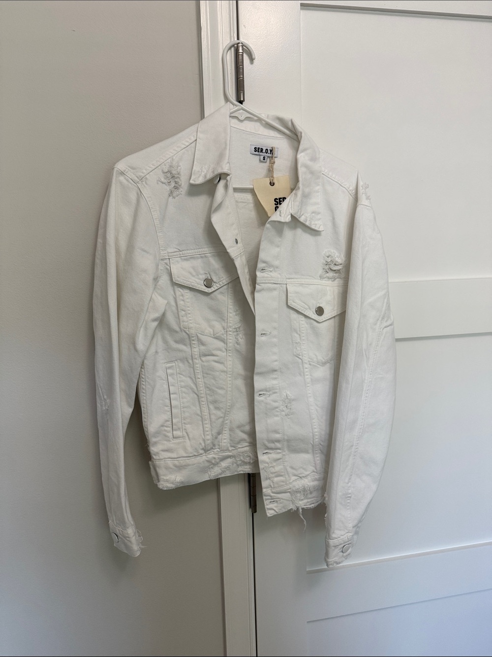 SER.O.YA Men's White Distressed Denim Jacket